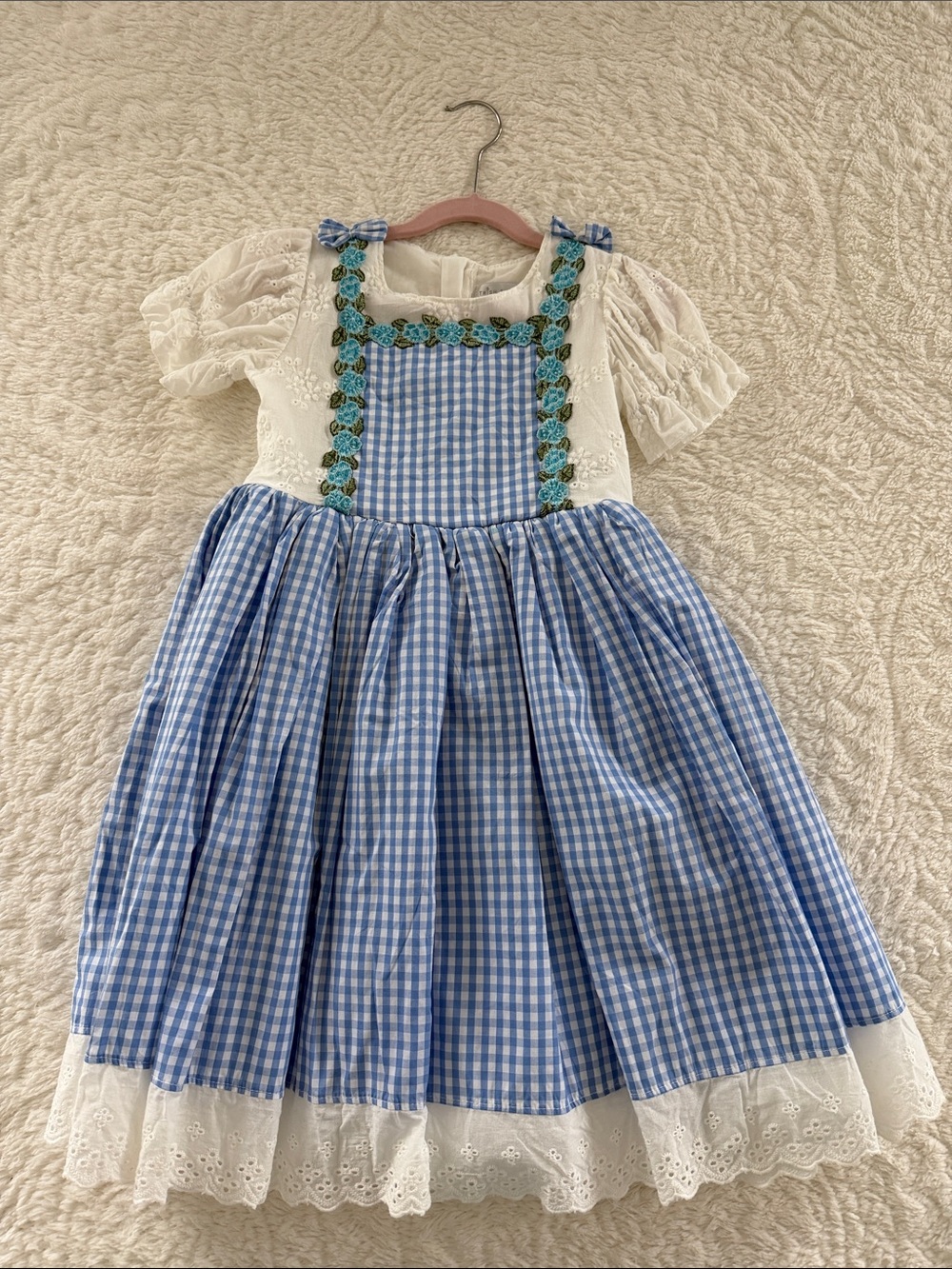 Blue Gingham Girls' Theatrical Costume Dress with White Lace